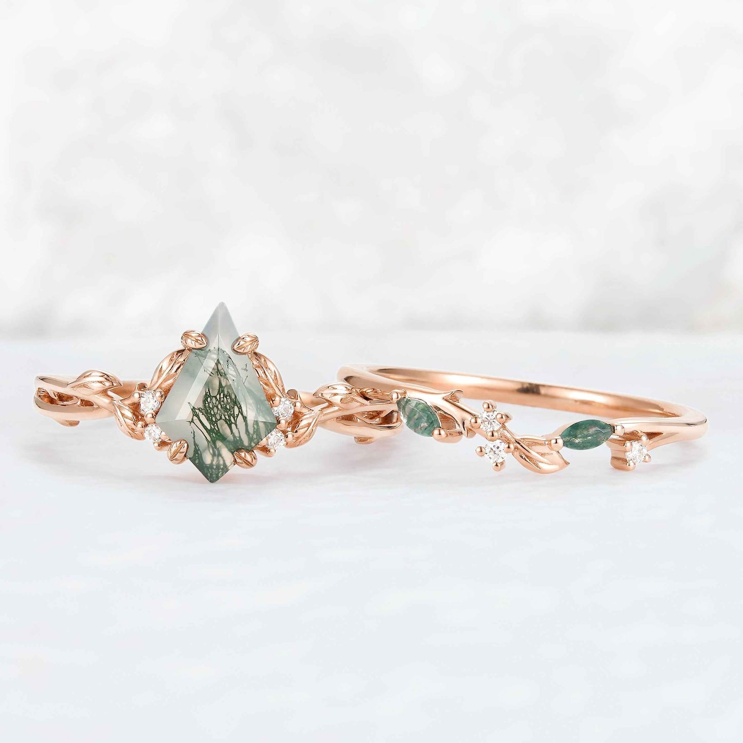 Nature Inspired Kite Cut Moss Agate Leaf Gemstone Ring Set 2pcs