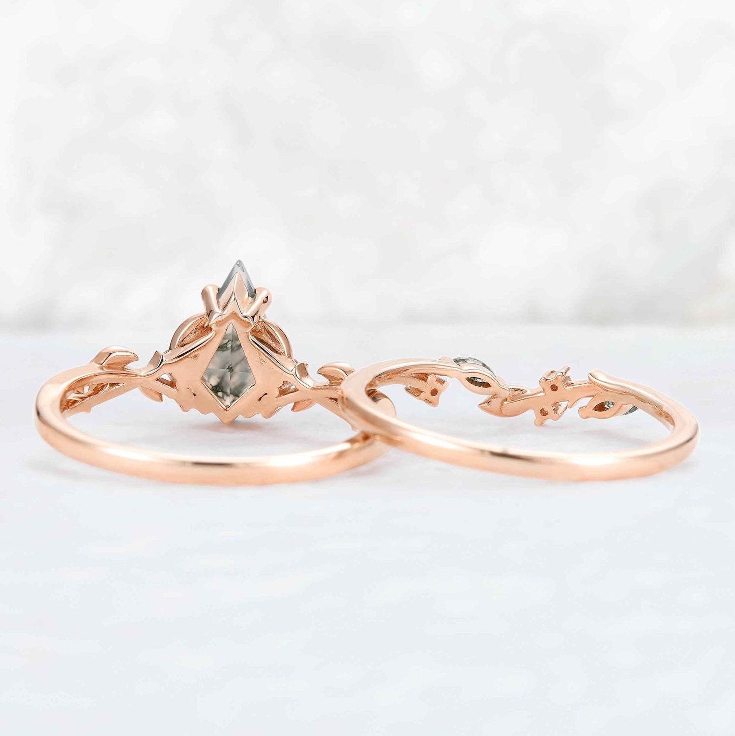 Nature Inspired Kite Cut Moss Agate Leaf Gemstone Ring Set 2pcs