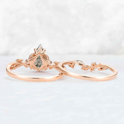 Nature Inspired Kite Cut Moss Agate Leaf Gemstone Ring Set 2pcs