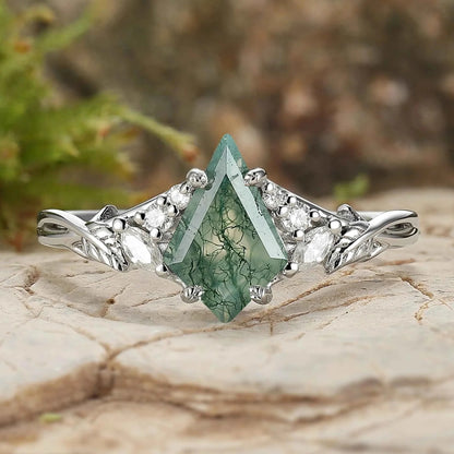 Nature Inspired Kite Cut Moss Agate Leafy Gemstone Ring