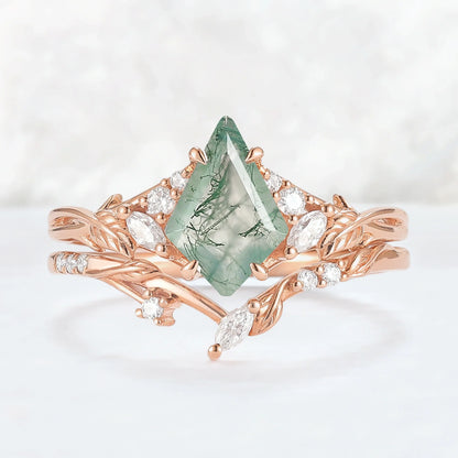 Nature Inspired Kite Cut Moss Agate Leafy Ring Set 2pcs