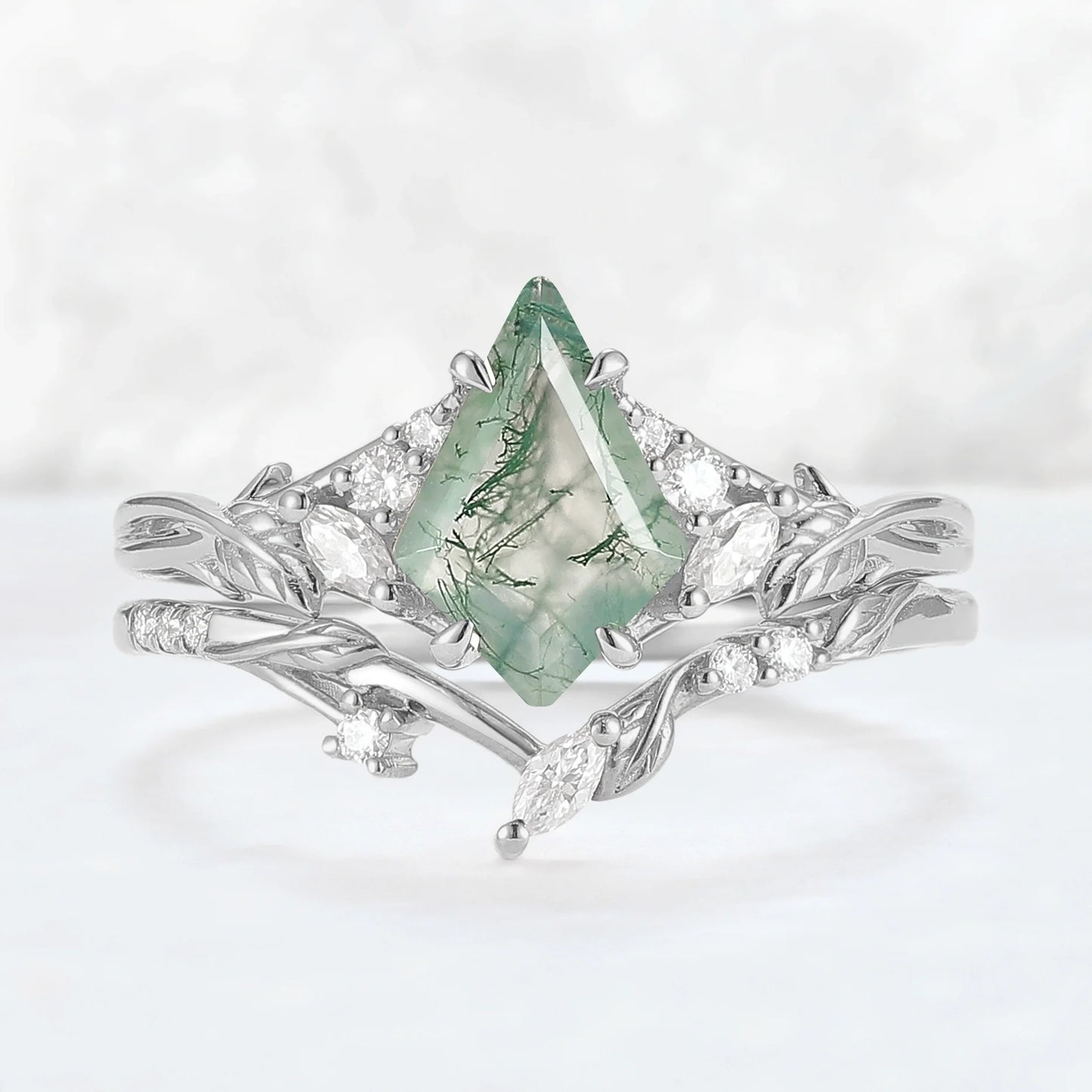 Nature Inspired Kite Cut Moss Agate Leafy Ring Set 2pcs