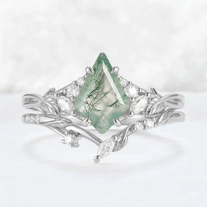 Nature Inspired Kite Cut Moss Agate Leafy Ring Set 2pcs