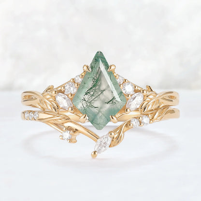 Nature Inspired Kite Cut Moss Agate Leafy Ring Set 2pcs