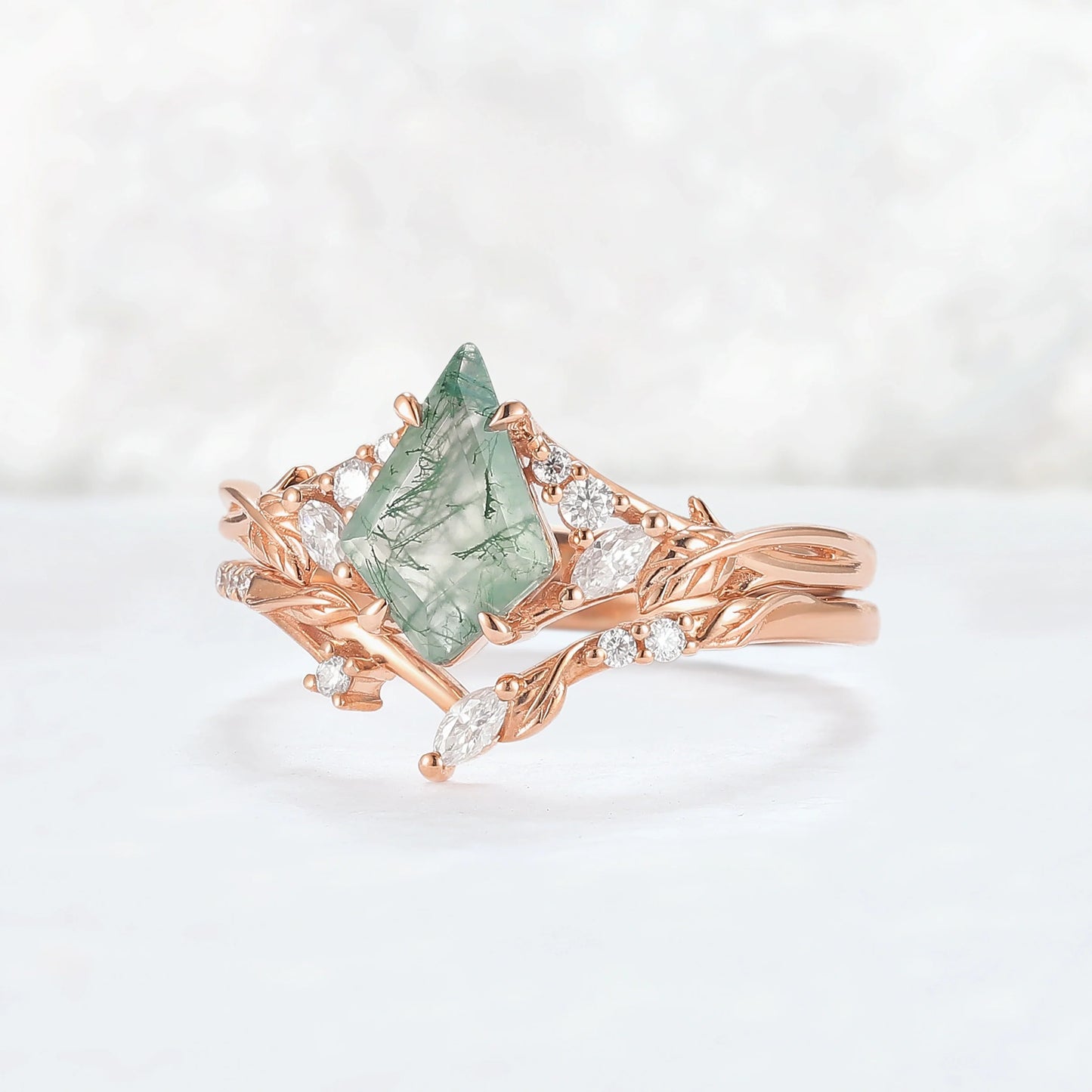 Nature Inspired Kite Cut Moss Agate Leafy Ring Set 2pcs