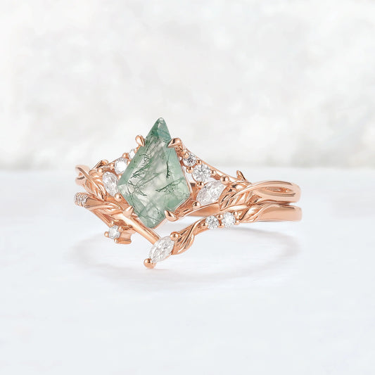 Nature Inspired Kite Cut Moss Agate Leafy Ring Set 2pcs