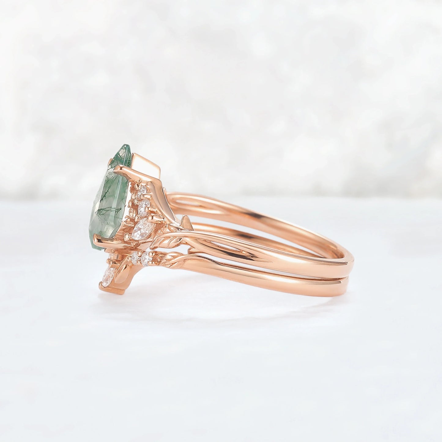 Nature Inspired Kite Cut Moss Agate Leafy Ring Set 2pcs