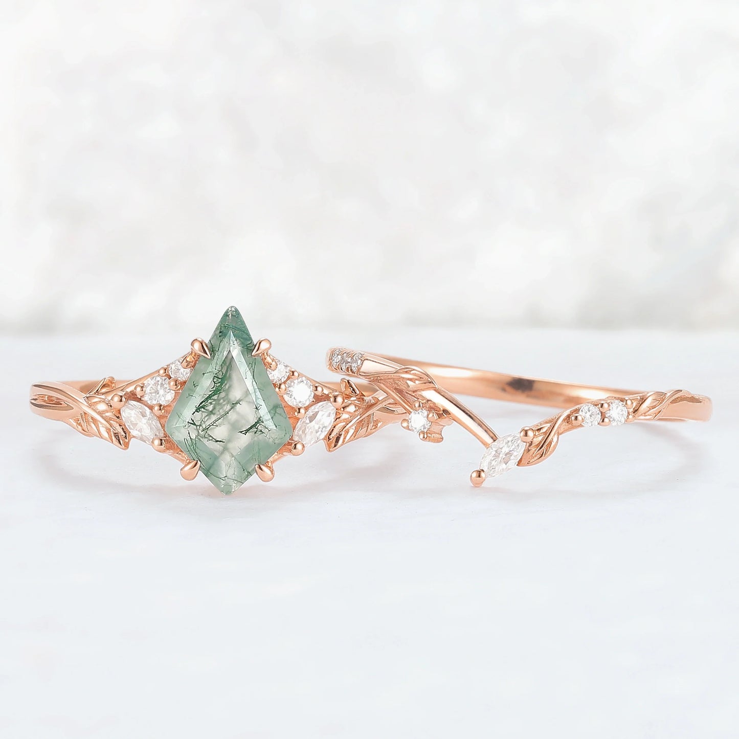 Nature Inspired Kite Cut Moss Agate Leafy Ring Set 2pcs