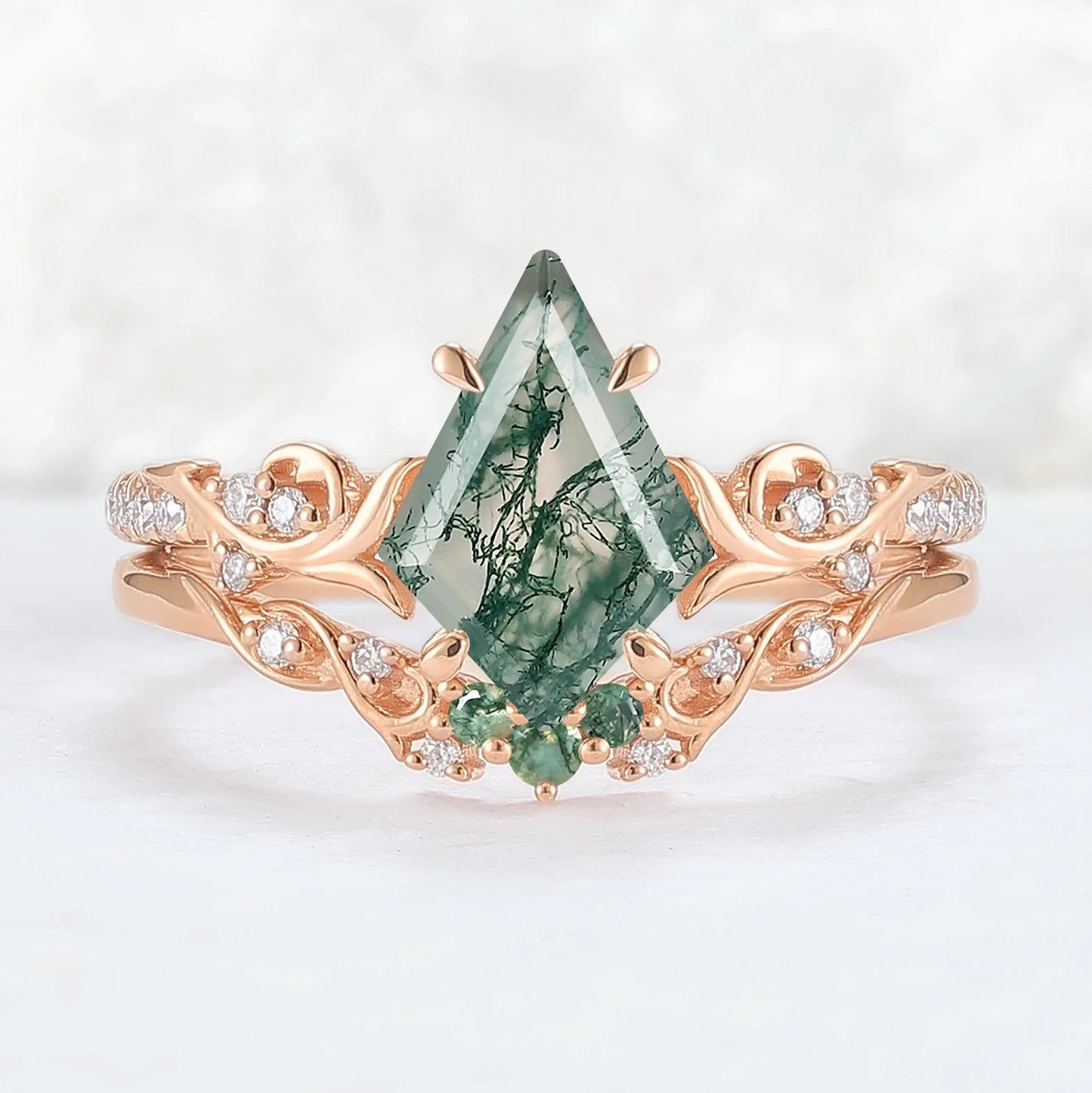 Nature Inspired Kite Cut Moss Agate Vine Gemstone Ring Set 2pcs
