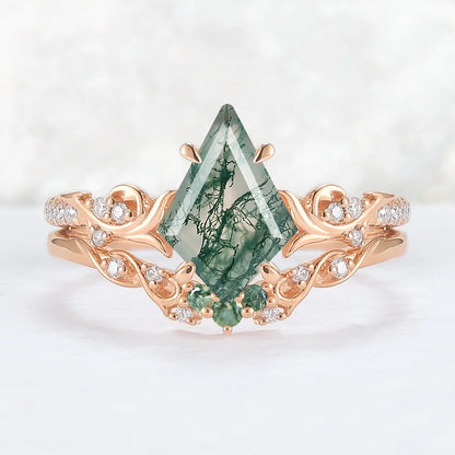Nature Inspired Kite Cut Moss Agate Vine Gemstone Ring Set 2pcs