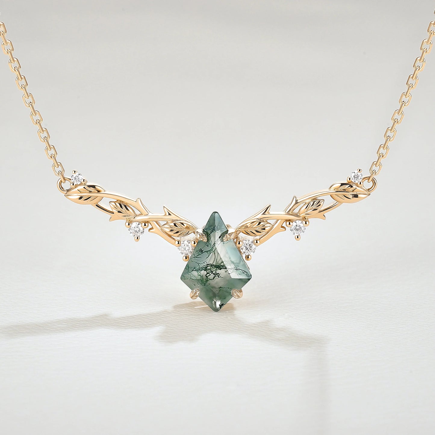 Nature Inspired Kite Shaped Moss Agate Rose Gold Necklace