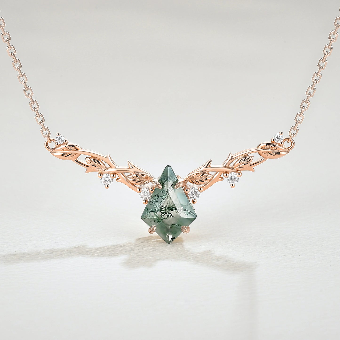 Nature Inspired Kite Shaped Moss Agate Rose Gold Necklace