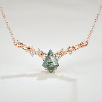 Nature Inspired Kite Shaped Moss Agate Rose Gold Necklace
