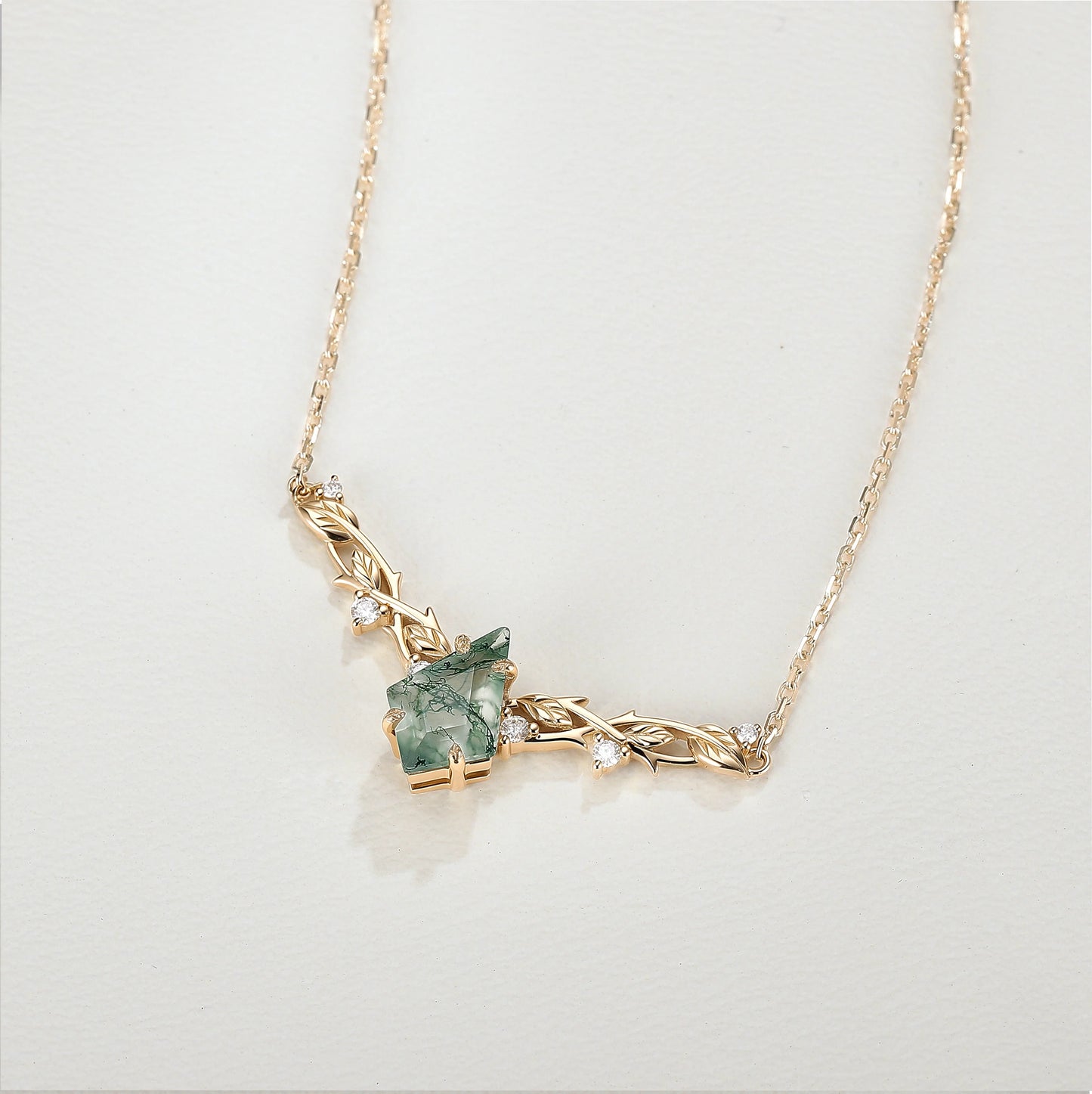Nature Inspired Kite Shaped Moss Agate Rose Gold Necklace