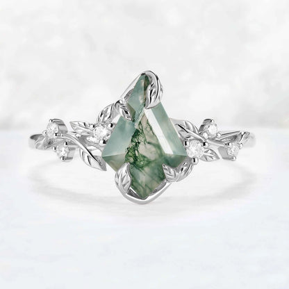 Nature Inspired Leaf Intertwined Design Moss Agate Ring