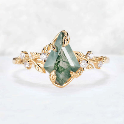 Nature Inspired Leaf Intertwined Design Moss Agate Ring