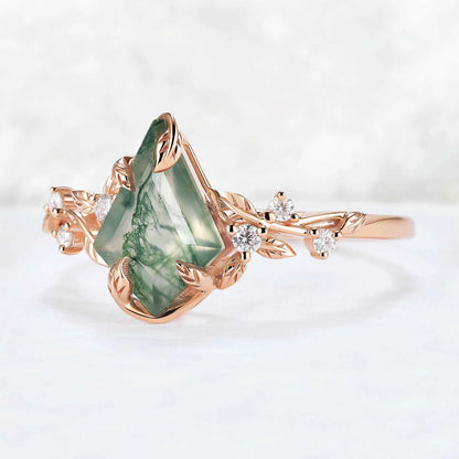 Nature Inspired Leaf Intertwined Design Moss Agate Ring