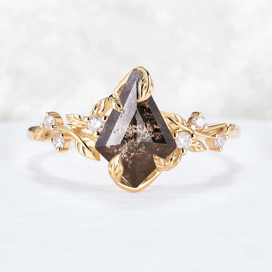 Nature Inspired Leaf Intertwined Design Salt and Pepper Crystal Ring