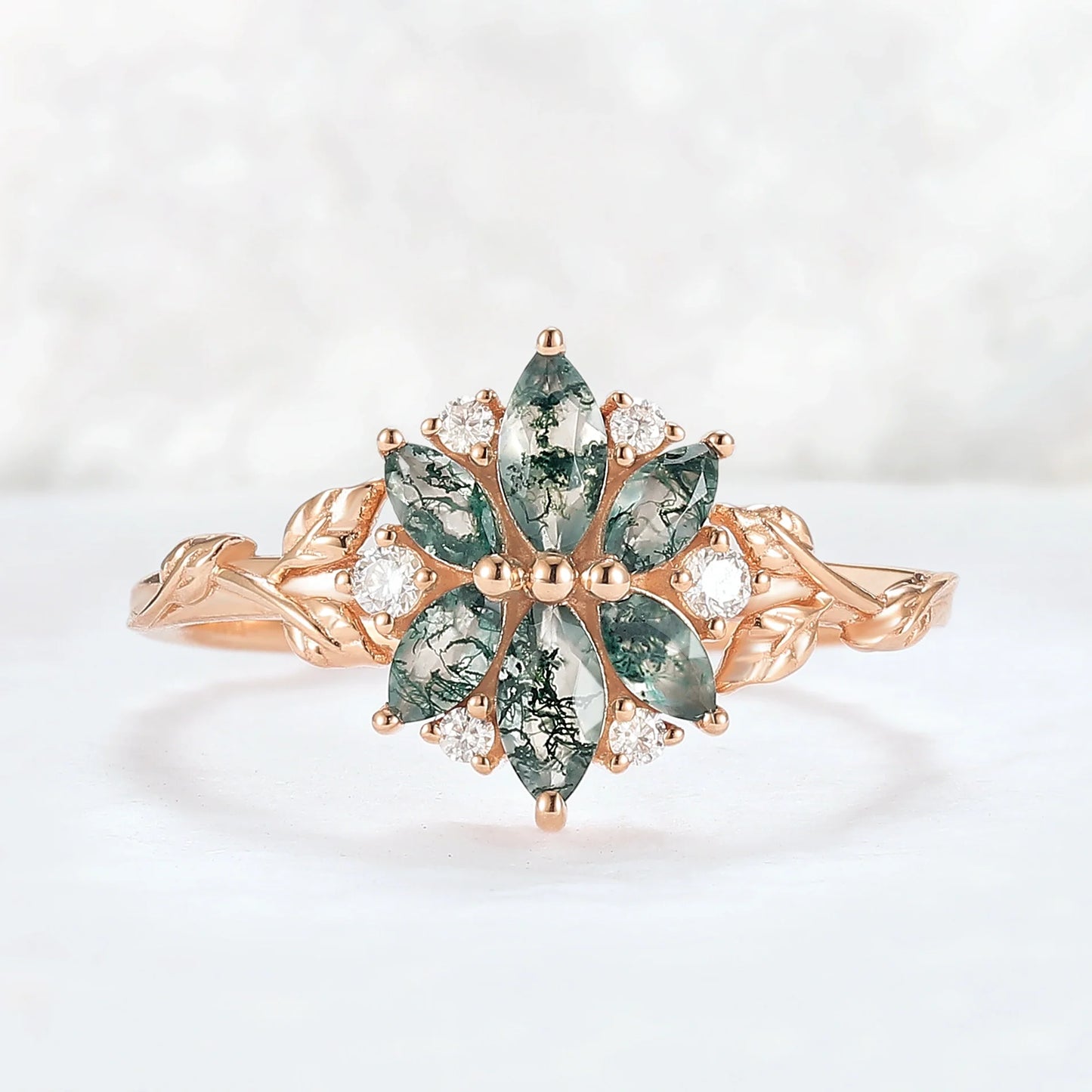Nature Inspired Marquise Shaped Moss Agate with Moissanite Leafy & Floral Ring