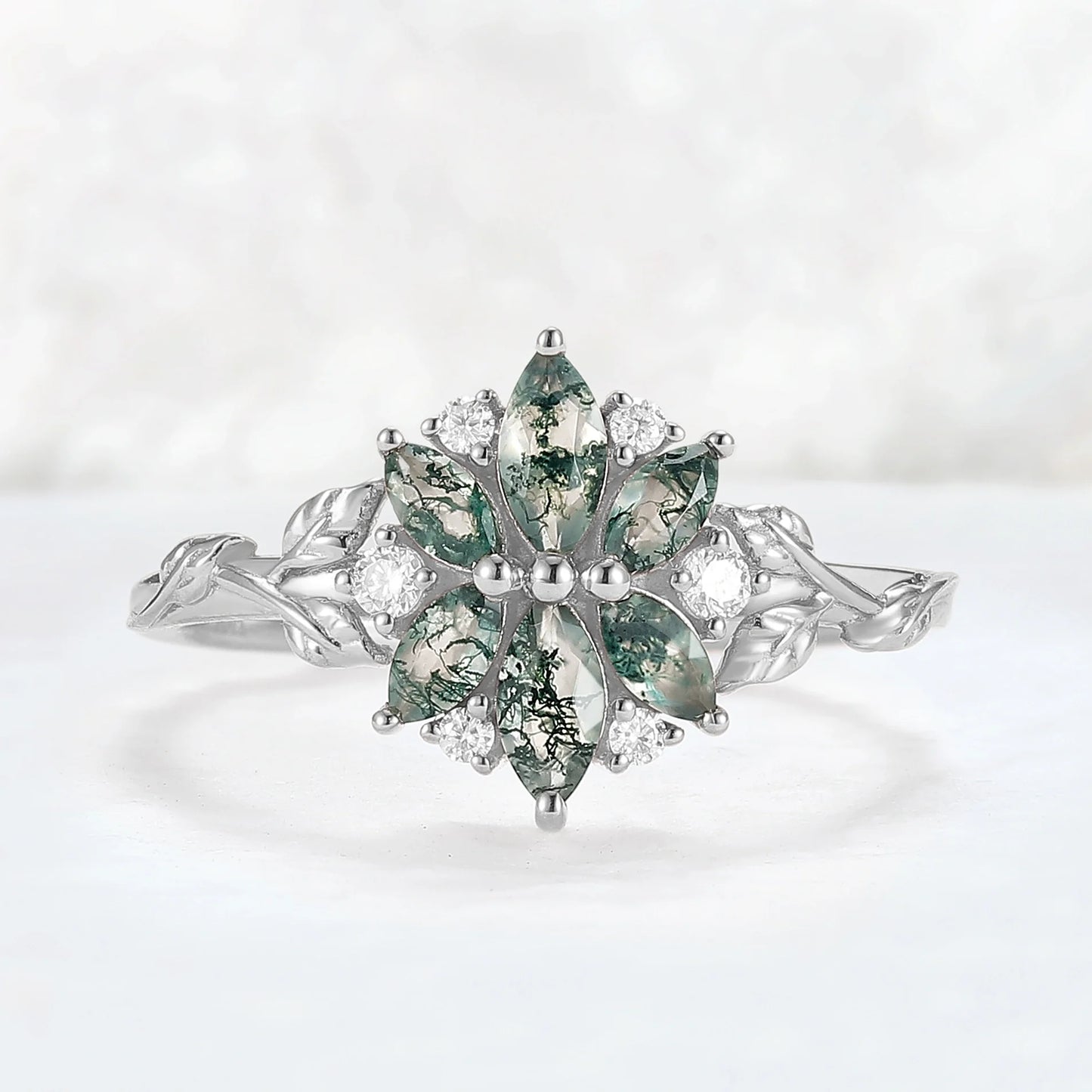 Nature Inspired Marquise Shaped Moss Agate with Moissanite Leafy & Floral Ring