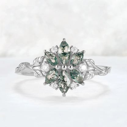 Nature Inspired Marquise Shaped Moss Agate with Moissanite Leafy & Floral Ring