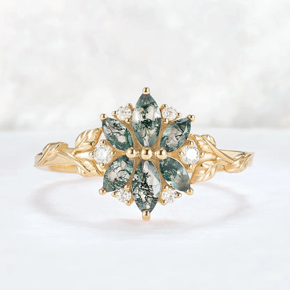Nature Inspired Marquise Shaped Moss Agate with Moissanite Leafy & Floral Ring