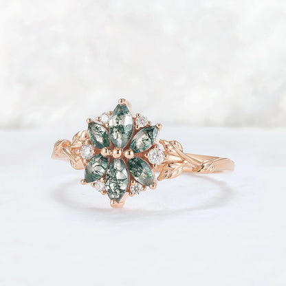 Nature Inspired Marquise Shaped Moss Agate with Moissanite Leafy & Floral Ring