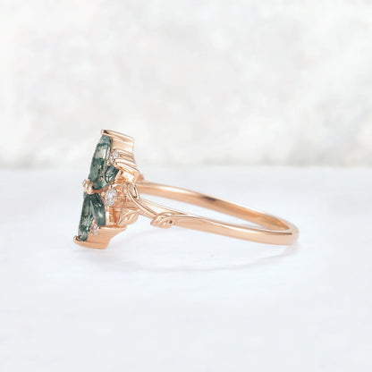 Nature Inspired Marquise Shaped Moss Agate with Moissanite Leafy & Floral Ring