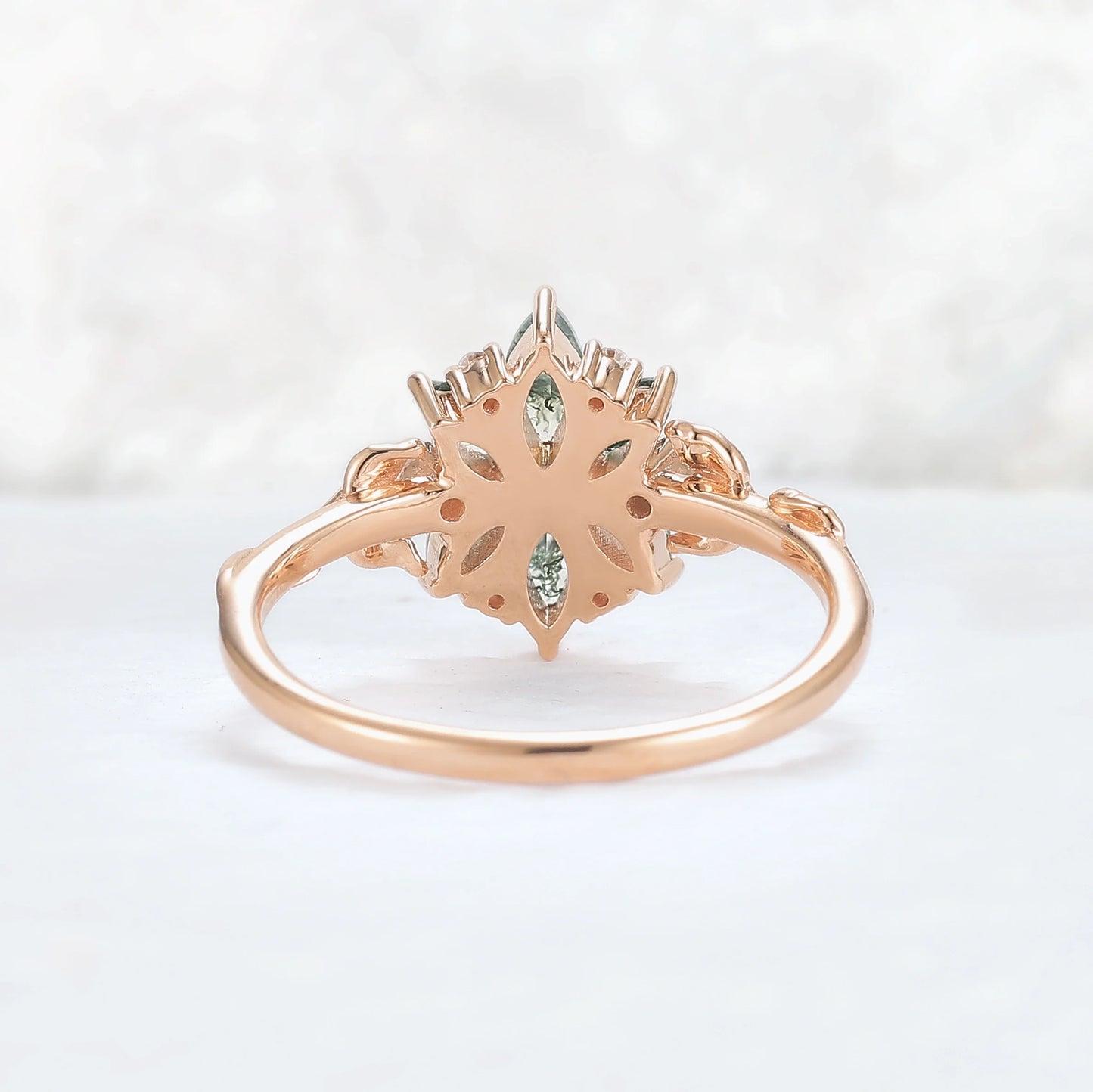 Nature Inspired Marquise Shaped Moss Agate with Moissanite Leafy & Floral Ring