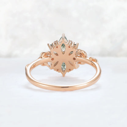 Nature Inspired Marquise Shaped Moss Agate with Moissanite Leafy & Floral Ring