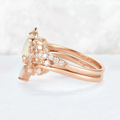 Nature Inspired Opal Flora & Leafy Gemstone Ring 2pcs