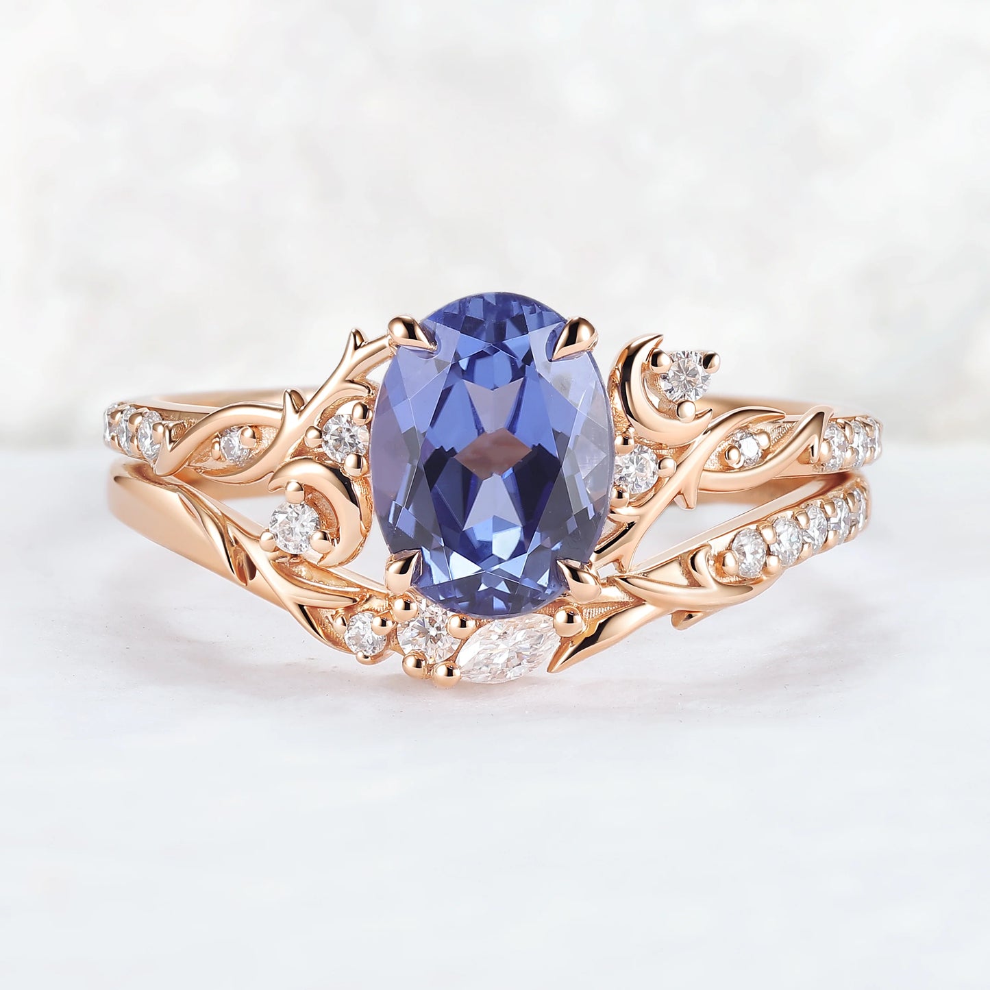 Nature Inspired Oval Cut Cornflower Sapphire Moon Gemstone Ring Set 2pcs