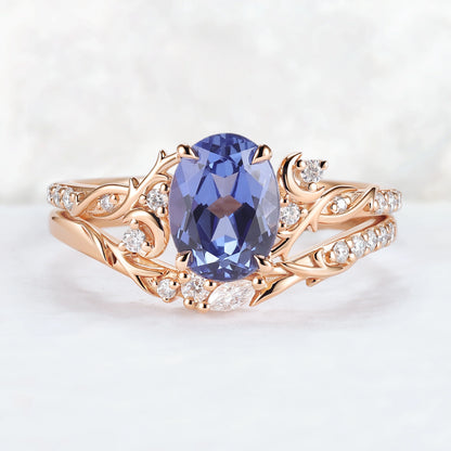 Nature Inspired Oval Cut Cornflower Sapphire Moon Gemstone Ring Set 2pcs