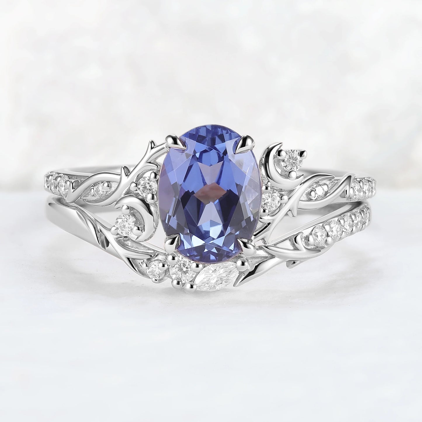 Nature Inspired Oval Cut Cornflower Sapphire Moon Gemstone Ring Set 2pcs