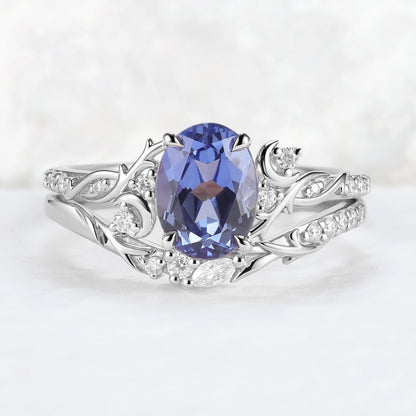 Nature Inspired Oval Cut Cornflower Sapphire Moon Gemstone Ring Set 2pcs