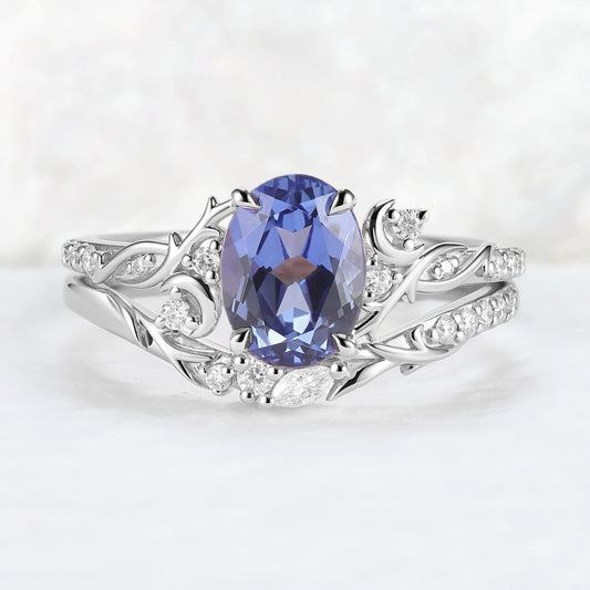 Nature Inspired Oval Cut Cornflower Sapphire Moon Gemstone Ring Set 2pcs
