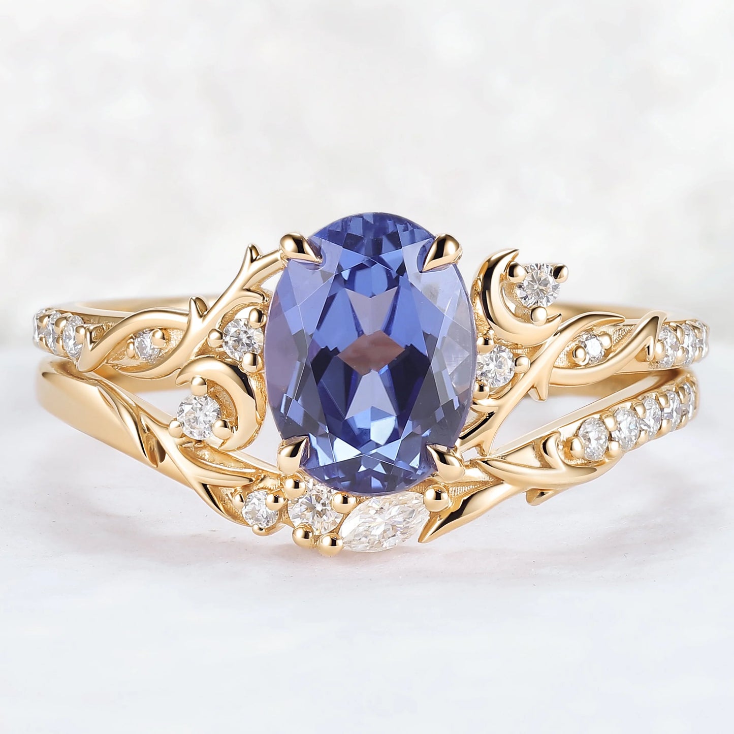 Nature Inspired Oval Cut Cornflower Sapphire Moon Gemstone Ring Set 2pcs