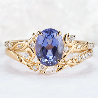 Nature Inspired Oval Cut Cornflower Sapphire Moon Gemstone Ring Set 2pcs