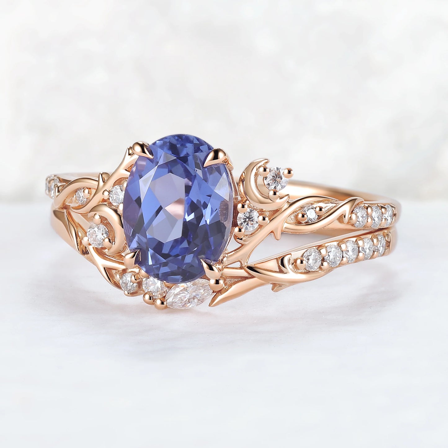 Nature Inspired Oval Cut Cornflower Sapphire Moon Gemstone Ring Set 2pcs