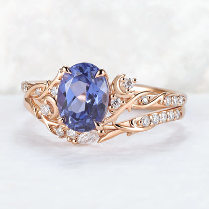 Nature Inspired Oval Cut Cornflower Sapphire Moon Gemstone Ring Set 2pcs