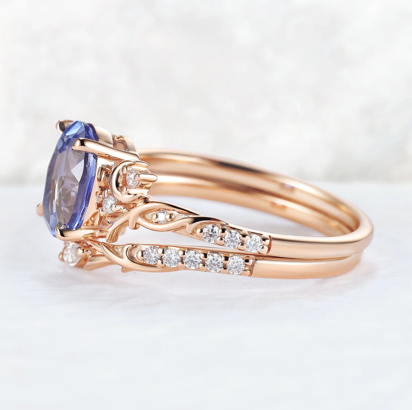 Nature Inspired Oval Cut Cornflower Sapphire Moon Gemstone Ring Set 2pcs