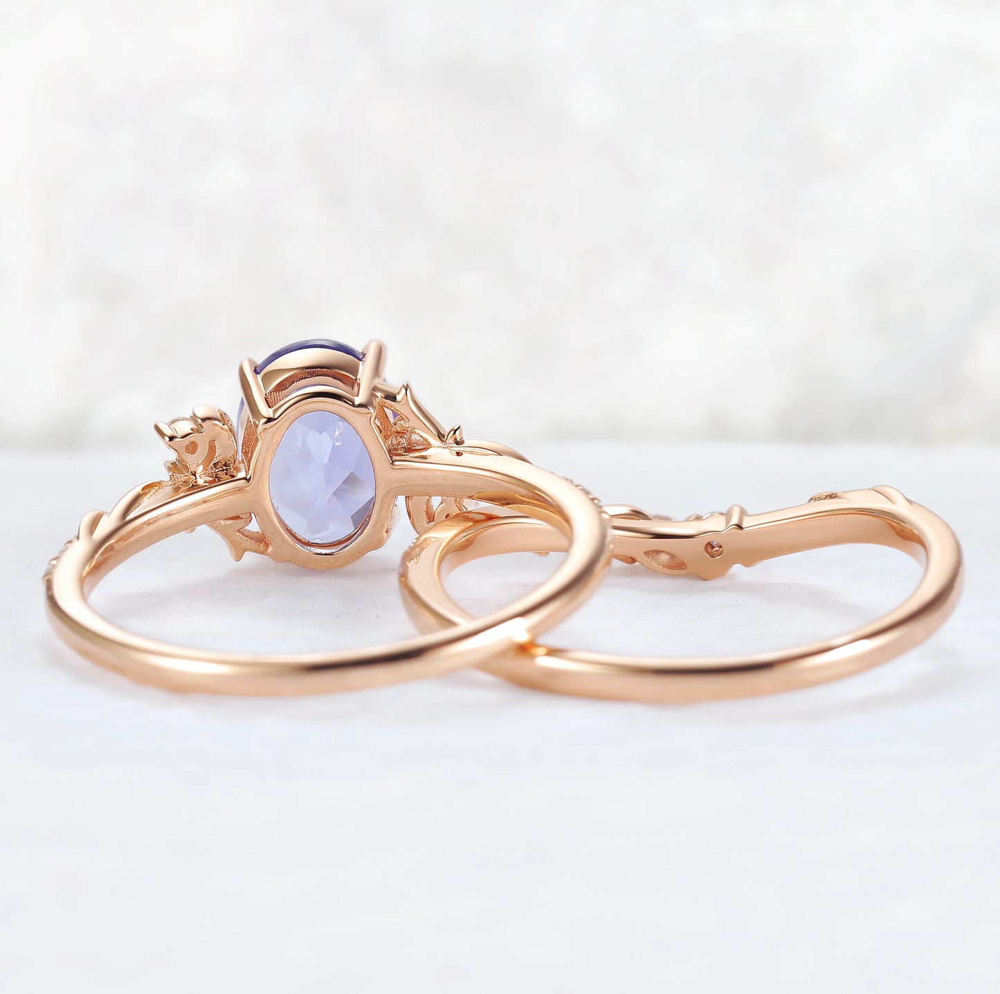 Nature Inspired Oval Cut Cornflower Sapphire Moon Gemstone Ring Set 2pcs