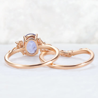 Nature Inspired Oval Cut Cornflower Sapphire Moon Gemstone Ring Set 2pcs