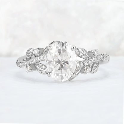 Nature Inspired Oval Cut Moissanite Leaf Gemstone Ring