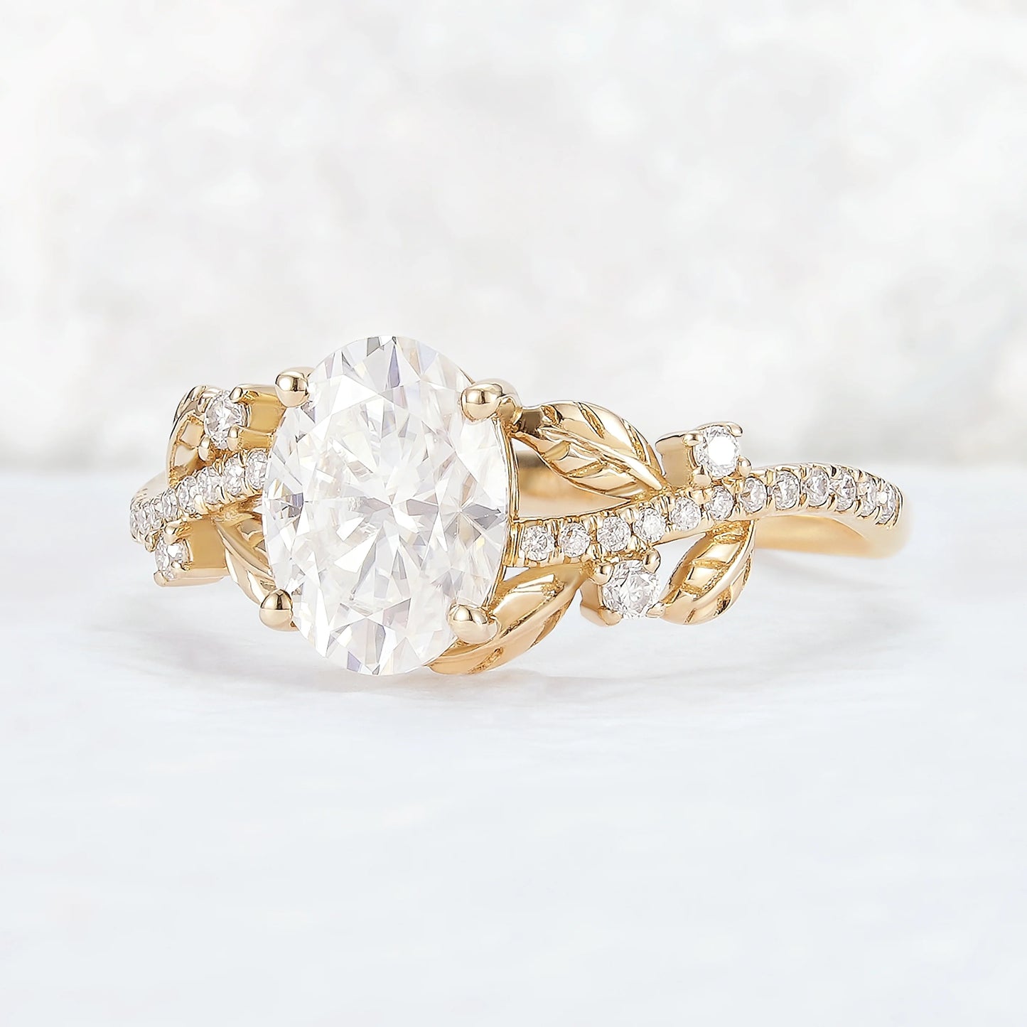 Nature Inspired Oval Cut Moissanite Leaf Gemstone Ring