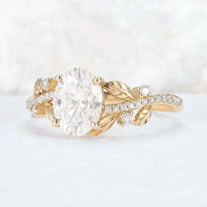 Nature Inspired Oval Cut Moissanite Leaf Gemstone Ring