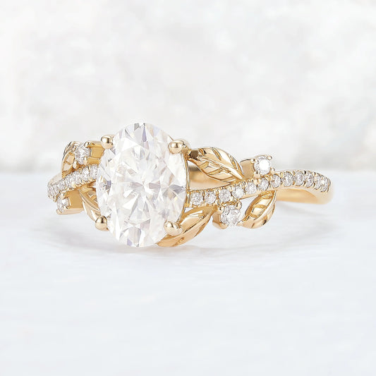 Nature Inspired Oval Cut Moissanite Leaf Gemstone Ring