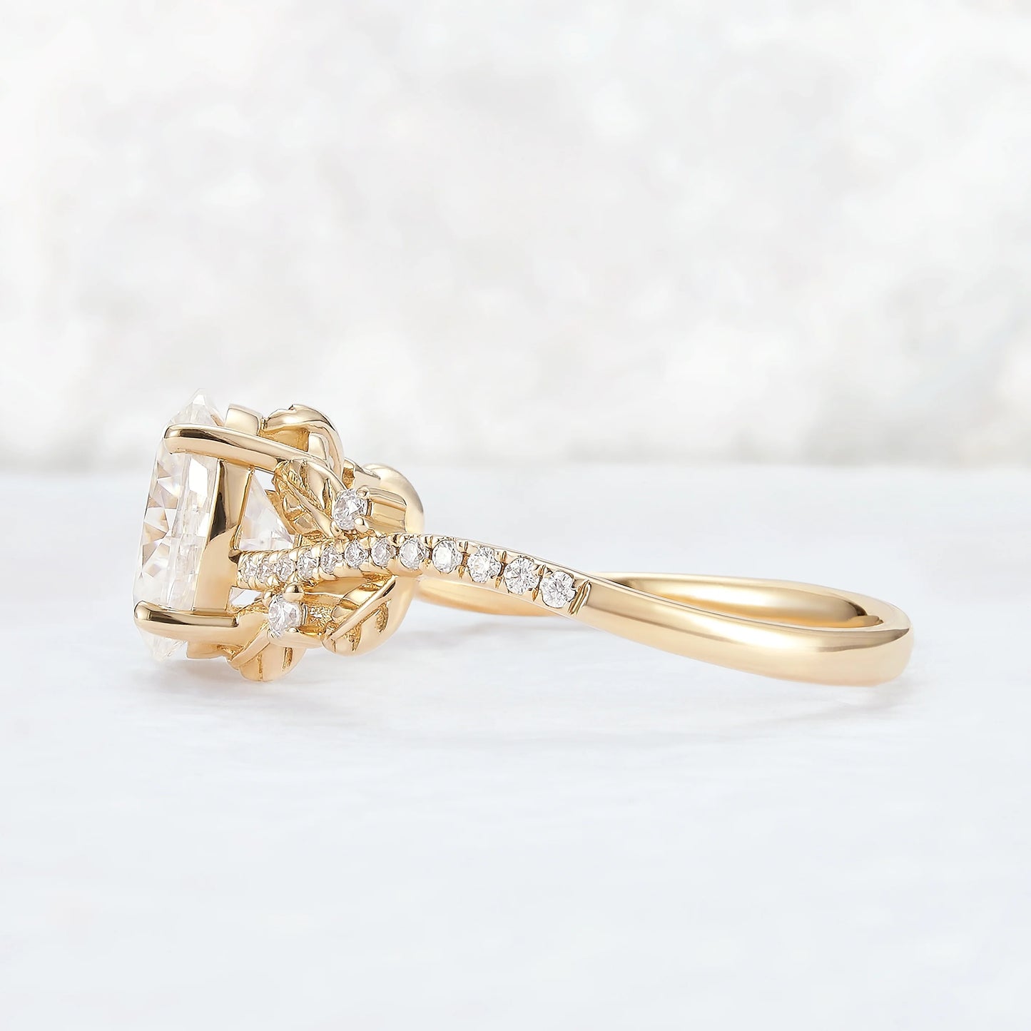 Nature Inspired Oval Cut Moissanite Leaf Gemstone Ring