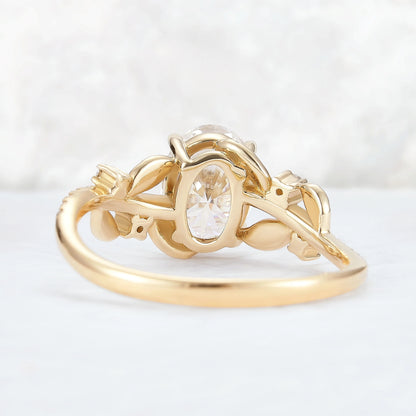 Nature Inspired Oval Cut Moissanite Leaf Gemstone Ring