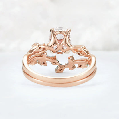 Nature Inspired Oval Cut Moissanite Leaf and Vine Ring Set 2pcs